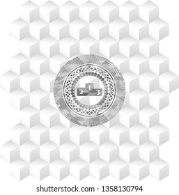 podium icon inside grey icon or emblem with geometric cube white background