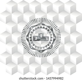 podium icon inside grey emblem with geometric cube white background