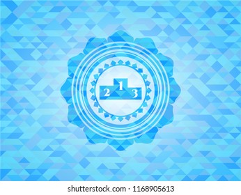podium icon inside light blue emblem with triangle mosaic background