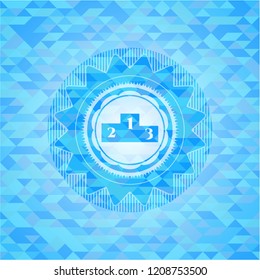 podium icon inside light blue emblem. Mosaic background