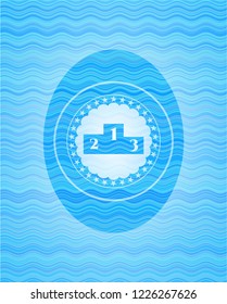 podium icon inside light blue water wave emblem.