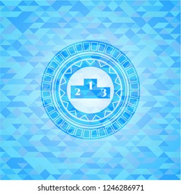 podium icon inside light blue emblem. Mosaic background