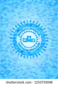 podium icon inside light blue emblem. Mosaic background