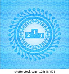podium icon inside light blue water wave style emblem.