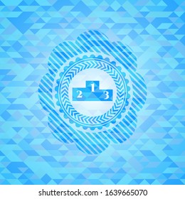 podium icon inside light blue emblem. Mosaic background