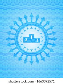 podium icon inside light blue water wave badge.