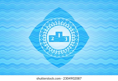podium icon inside light blue water badge background. 