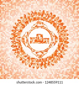 podium icon inside orange mosaic emblem with background