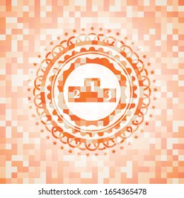 podium icon inside orange mosaic emblem with background