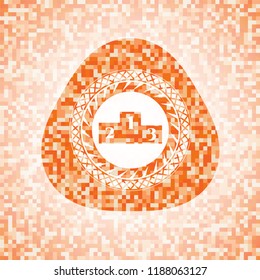 podium icon inside orange tile background illustration. Square geometric mosaic seamless pattern with emblem inside.