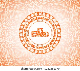 podium icon inside orange tile background illustration. Square geometric mosaic seamless pattern with emblem inside.
