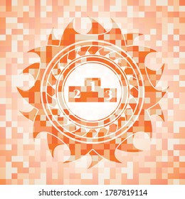 podium icon inside orange tile background illustration. Square geometric mosaic seamless pattern with emblem inside. 