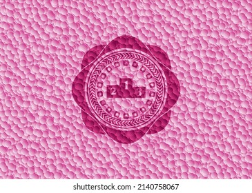 podium icon inside pink emblem with bubbles background. Vintage. Vector Illustration. Detailed. 