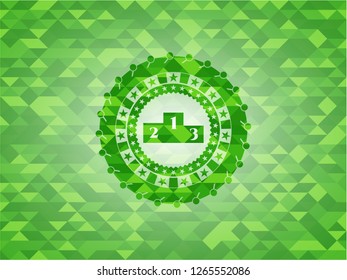 podium icon inside realistic green mosaic emblem