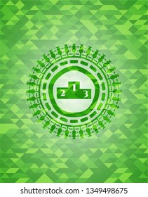 podium icon inside realistic green emblem. Mosaic background