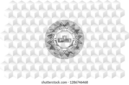 podium icon inside realistic grey emblem with cube white background