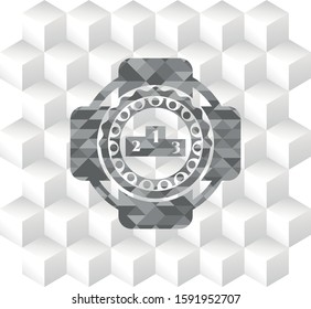 podium icon inside realistic grey emblem with geometric cube white background