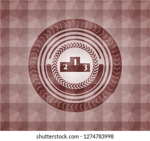 podium icon inside red emblem or badge with abstract geometric polygonal pattern background. Seamless.