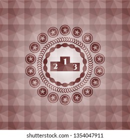podium icon inside red emblem or badge with abstract geometric polygonal pattern background. Seamless.