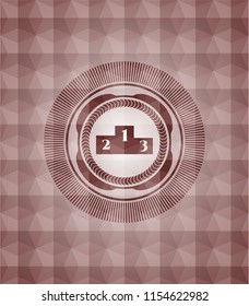 podium icon inside red seamless emblem with geometric background.