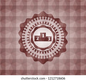 podium icon inside red seamless emblem with geometric pattern.