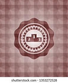 podium icon inside red seamless emblem with geometric pattern.