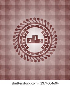podium icon inside red seamless badge with geometric pattern.