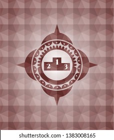 podium icon inside red seamless badge with geometric pattern background.