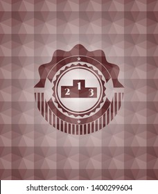 podium icon inside red seamless badge with geometric background.