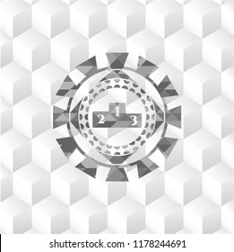 podium icon inside retro style grey emblem with geometric cube white background