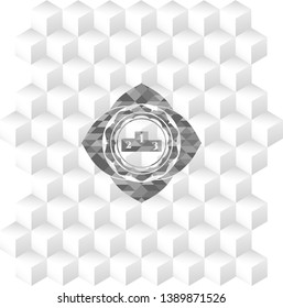 podium icon inside retro style grey emblem with geometric cube white background