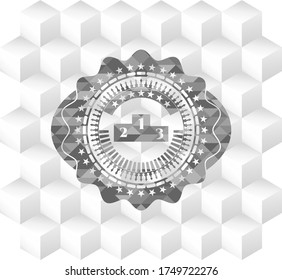 podium icon inside retro style grey emblem with geometric cube white background. 