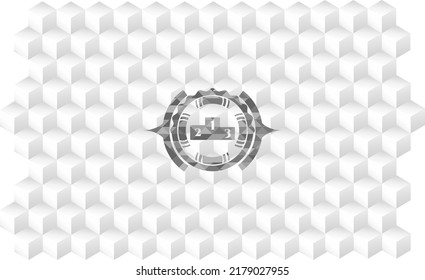 podium icon inside retro style grey emblem with geometric cube white background. 