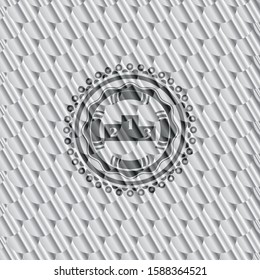 podium icon inside shiny silver badge. Scales pattern. Vector Illustration. Detailed.