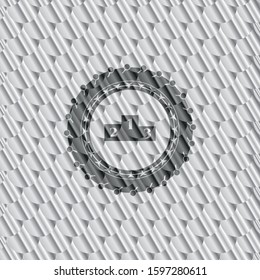 podium icon inside silver badge. Scales pattern. Vector Illustration. Detailed.