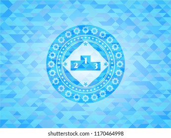 podium icon inside sky blue emblem with mosaic background