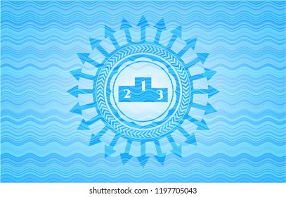 podium icon inside sky blue water style badge.