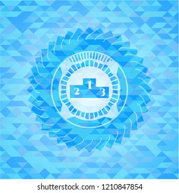 podium icon inside sky blue emblem with mosaic background