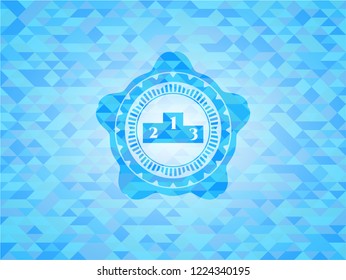 podium icon inside sky blue emblem with triangle mosaic background