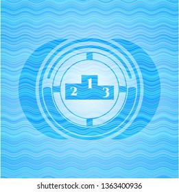 podium icon inside sky blue water emblem.