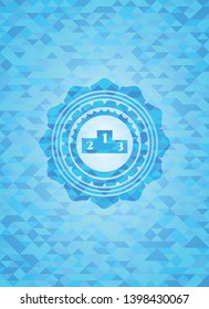 podium icon inside sky blue emblem with mosaic background