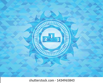 podium icon inside sky blue mosaic emblem