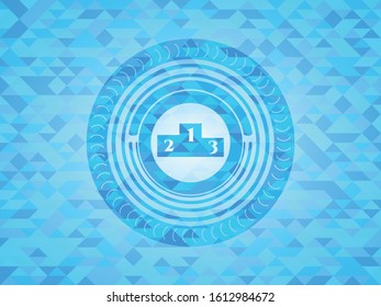 podium icon inside sky blue emblem. Mosaic background