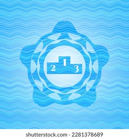 podium icon inside sky blue water wave badge background. 