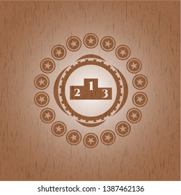 podium icon inside wooden emblem. Retro