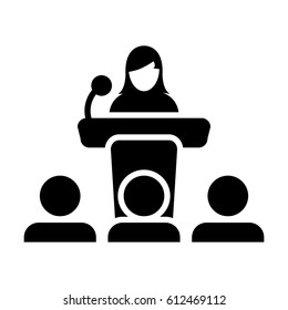 Podium Icon With Microphone - Business Person On Public Speaking Glyph Pictogram Vector Illustration