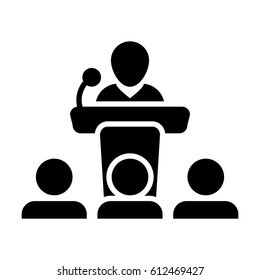 Podium Icon with Microphone - Business Person on Public Speaking Glyph Pictogram Vector illustration