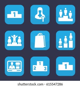 Podium icon. set of 9 filled podium icons such as ranking, shopping bag, woman speaker