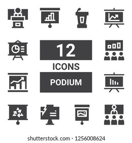 podium icon set. Collection of 12 filled podium icons included Conference, Presentation