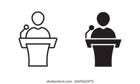 Icono del podio. icono negro del altavoz. operador que habla de los iconos del tribuno. conjunto del icono de la conferencia . 